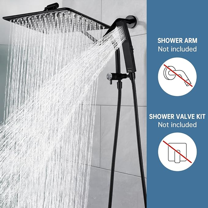 G-Promise 14 Inch All Metal Rain Shower Head with Handheld (Matte Black) | Full Body Coverage, Pause Mode Diverter, Power Wash Mode Handheld, Suits Every Height, Easy to Install, Modern Bath Upgrade