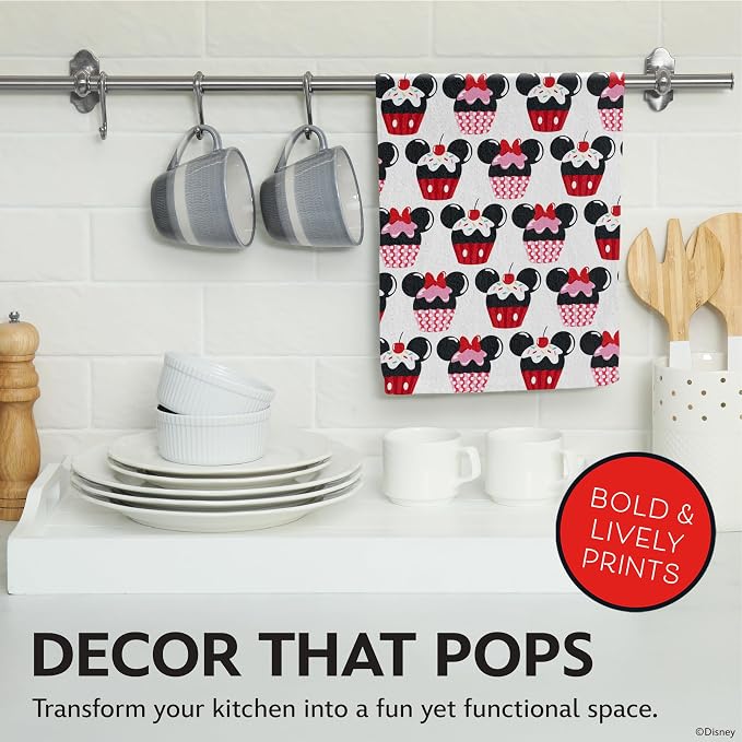 Disney Mickey & Minnie Cotton Kitchen Towels, 2-Pack 16"x26", Absorbent | Durable, colorfast dish towels resist fraying, machine washable, dries dishes, hangs on oven handles, great for gifting