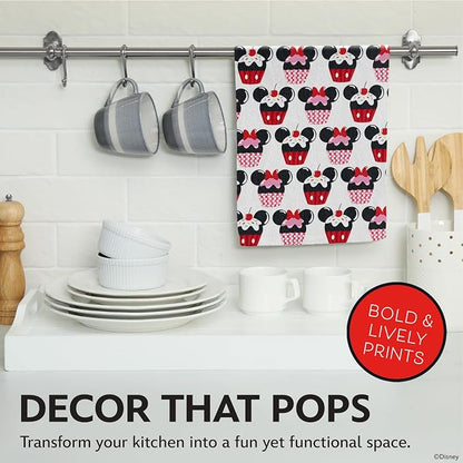 Disney Mickey & Minnie Cotton Kitchen Towels, 2-Pack 16"x26", Absorbent | Durable, colorfast dish towels resist fraying, machine washable, dries dishes, hangs on oven handles, great for gifting