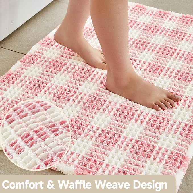TYUU Waffle Runner Rug Bathroom, Long Cute Bath Mat, 72x24 Pink & White | Super Absorbent Quick Dry Bath Rug, Non-Slip Backing, Soft Waffle Washable Farmhouse Bathroom Mats, Tub, Shower & Home Decor