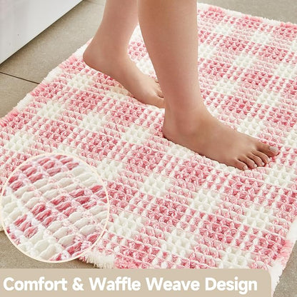 TYUU Waffle Bath Mat, Cute Bathroom Rugs Non Slip, 48x24 Pink & White | Super Absorbent Quick Dry Bath Rug, Non-Slip Backing, Soft Waffle Washable Farmhouse Bathroom Mats, Tub, Shower & Home Decor