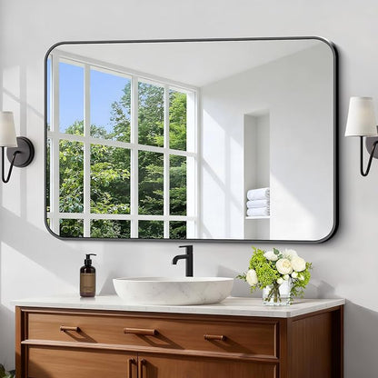 Black Bathroom Mirror, 28x42 inch Aluminum Metal Frame Rectangular Vanity Mirror, Wall Mounted Rectangle Mirrors with Rounded Corner for Bedroom Living Room Hangs Horizontal Or Vertical