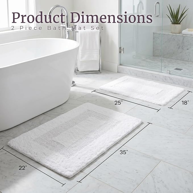 Bathroom Rugs - 2-Piece Cotton Bathroom Mat Set - Machine Washable Bath Mats for Restroom, Kitchen, or Laundry Room by Lavish Home (White)