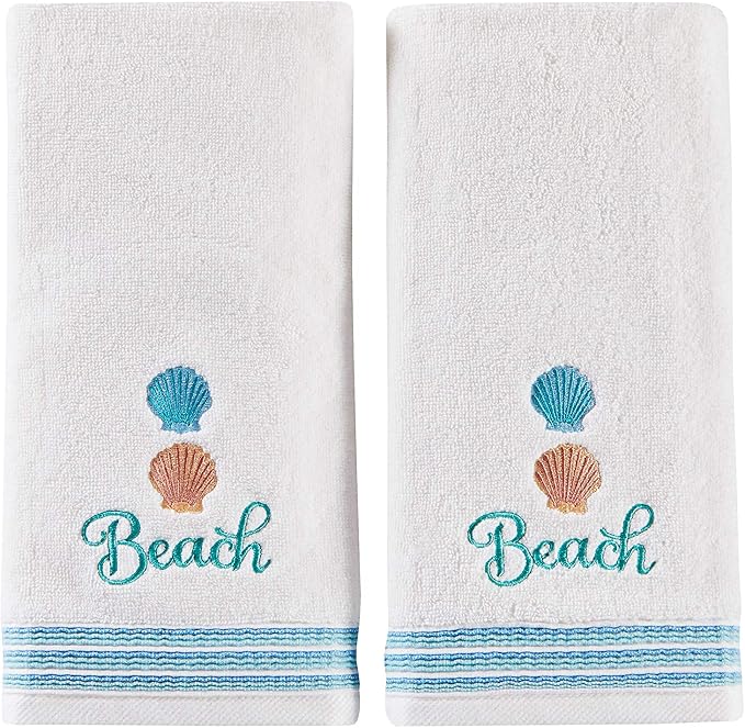 SKL Home South Seas Hand Towel Set-2pc, Coastal Embroidery, White | 100% Cotton. Soft, absorbent terry. For use in the bathroom, kitchen or bar. Great for Airbnb & beach décor.