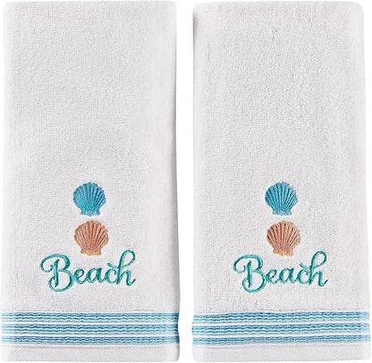 SKL Home South Seas Hand Towel Set-2pc, Coastal Embroidery, White | 100% Cotton. Soft, absorbent terry. For use in the bathroom, kitchen or bar. Great for Airbnb & beach décor.