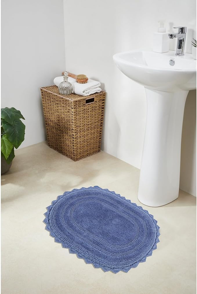 Better Trends Lilly Crochet 17x24 Oval Bath Rugs & Reversible Rugs, Bath mats for Bathroom, Luxurious 100% Cotton Bath Rug & Water Absorbent Bathroom Mat- Blue Bath Matt