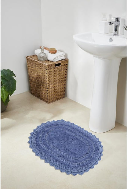 Better Trends Lilly Crochet 17x24 Oval Bath Rugs & Reversible Rugs, Bath mats for Bathroom, Luxurious 100% Cotton Bath Rug & Water Absorbent Bathroom Mat- Blue Bath Matt