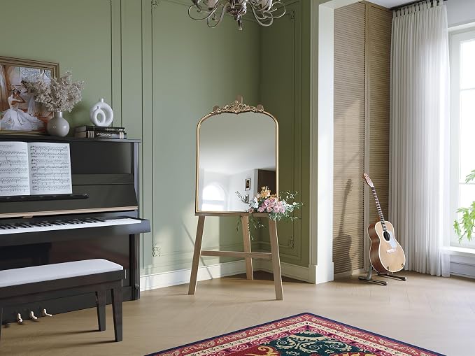 Arched Antique Gold Wall Mirror, 28"x36" Vintage Bathroom Mirror | Ornate Mirror over Sink, Arched Brass Wall Mirror for Fireplace, Living Room, Entryway, Bedroom, Hanging or Leaning