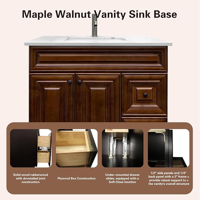 36" Maple Walnut Bathroom Vanity Base – Ready-to-Assemble Sink Cabinet with Drawers, Freestanding Bathroom Vanity Base Only, No Top or Sink