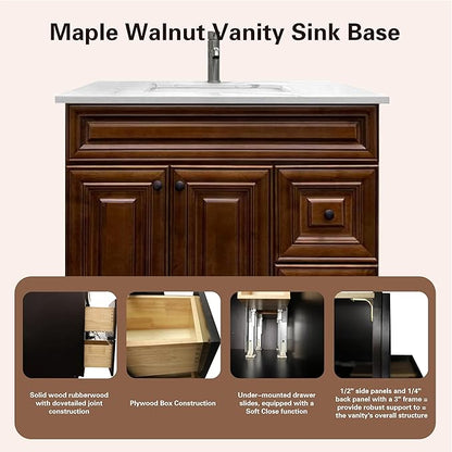 36" Maple Walnut Bathroom Vanity Base – Ready-to-Assemble Sink Cabinet with Drawers, Shaker Style Storage, Base Only, No Top or Sink