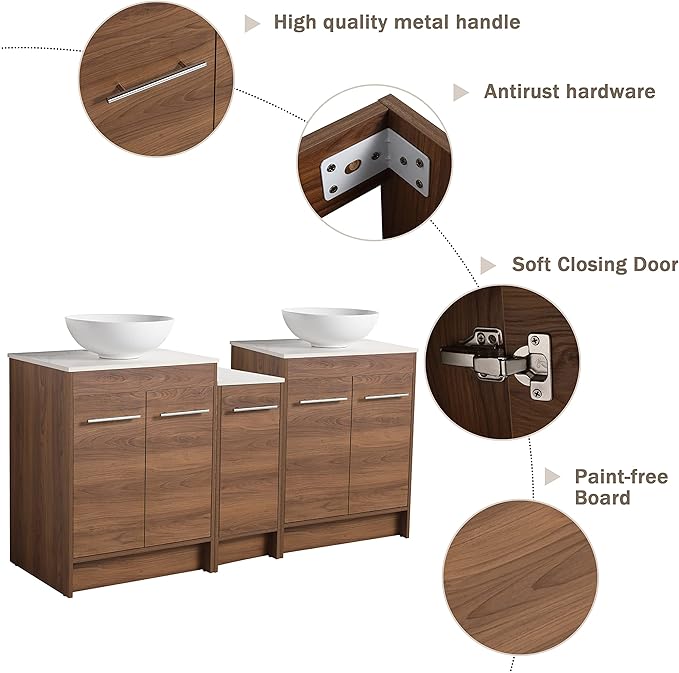 60" Bathroom Vanity with Sink, 60 Inch Freestanding Vanity with 2 Vessel Sinks, Double Sink Bathroom Vanity Combo, Brown Modern Floor Stand Cabinet Set with Soft Closing Doors (BRE321, 60 * 18)