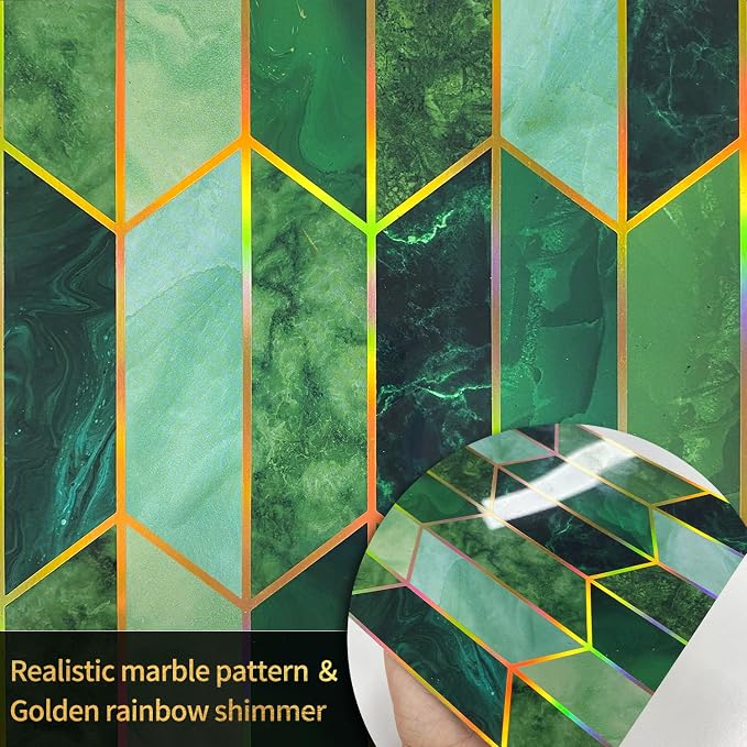 funlife Holographic Emerald Art Deco Peel and Stick Backsplash Self-Adhesive PVC Wall Tiles Easy DIY with Tools for Kitchen Bathroom and Laundry Room 5.9"x5.9"x50-Sheet Chevron Emerald
