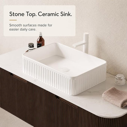 48 Inch Bathroom Vanity with Sink, Floating Wall Mounted Single Sink Vanity, Dark Walnut Curved Fluted Front, Stone Top, White Textured Rectangular Vessel Basin, Pre-Assembled