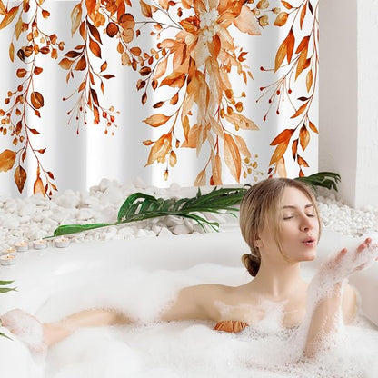 Orange Eucalyptus Shower Curtain, Watercolor Floral Print, 72x84 | Watercolor Plant Leaves Floral Print, Waterproof Fabric Bathroom Decor, Machine Washable, Rustproof Grommets