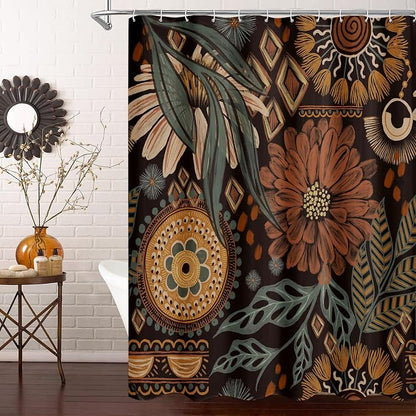 Dark Floral Shower Curtain, Vintage Botanical Boho Fabric Curtain, 72 x 78 | Boho Chic Floral, Vintage Botanical, Modern Farmhouse, Eclectic Rustic, Colorful Flowers, Fabric Shower Curtain
