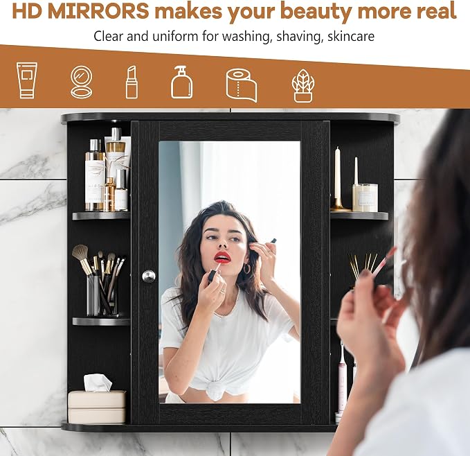 Bathroom Mirror Cabinet Wall Mounted, Bathroom Medicine Cabinet with Mirror and 6 Open Shelves, Modern Wall Cabinet, Black