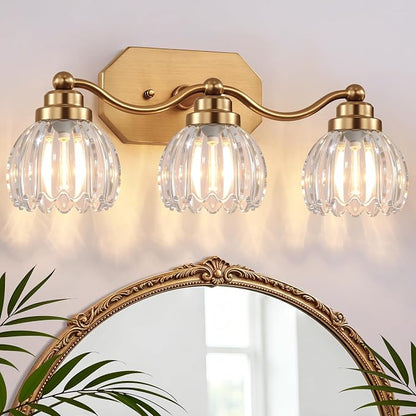 Bathroom Vanity Light, Gold Vintage Tulip Glass Shade, Antique Brass Finish | 3 Light Brushed Gold Bathroom Light Fixtures, Crystal Wall Sconce, Mounted Over Mirror for Bedroom Hallway, Easy to Install
