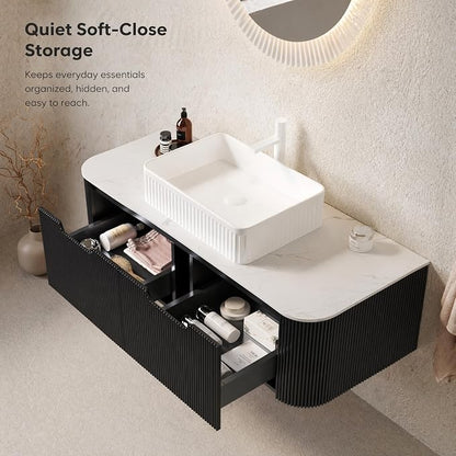 48 Inch Bathroom Vanity with Sink, Floating Wall Mounted Single Sink Vanity, Black Curved Fluted Front, Stone Top, White Textured Rectangular Vessel Basin, Pre-Assembled