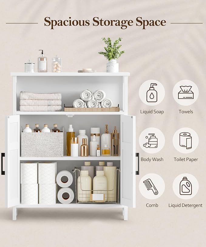 Akxomel Farmhouse Bathroom Storage Cabinet Open Shelf 2 Doors White | 11.8" D x 23.6" W Small Bathroom Cabinet with Adjustable Shelf, Toilet Paper Cabinet for Kitchen, Living Room, Laundry Room