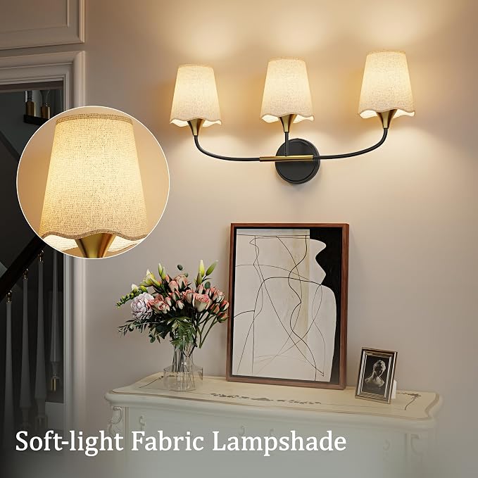 Morauroral Bathroom Light Fixtures Over Mirror, 3 Light Vanity Light for Bathroom, Black Gold Vanity Light Fixtures with Fabric Linen Shade, E26 Socket Sconce Wall Decor(ETL Listed)