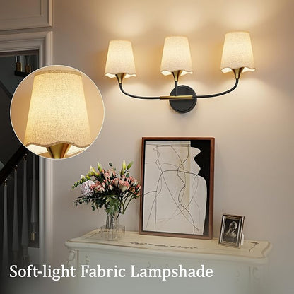 Morauroral Bathroom Light Fixtures Over Mirror, 3 Light Vanity Light for Bathroom, Black Gold Vanity Light Fixtures with Fabric Linen Shade, E26 Socket Sconce Wall Decor(ETL Listed)