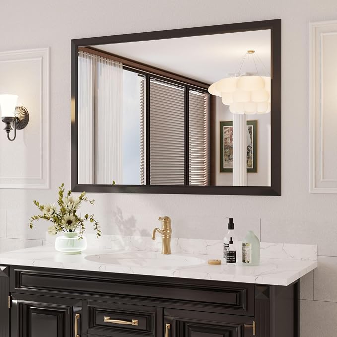 Bathroom Mirror Black, 55x40 Inch | Thick Metal Framed, HD Reflection, Anti-Rust, Hang Horizontally/Vertically, Suitable for Vanity, Bedroom, Bathroom, Entryway