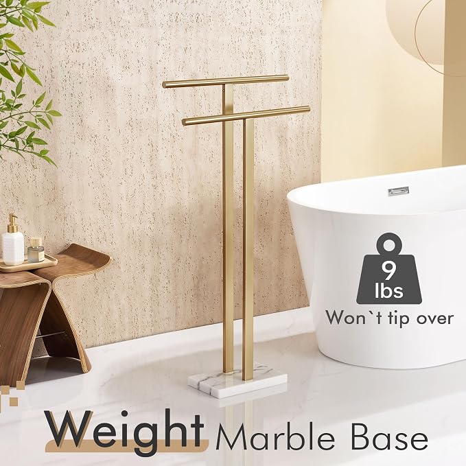 KOKOSIRI Standing Towel Rack for Bathroom Floor 2-Tier Towel Holder Free Stand with Heavy Marble Base Thicken Steady Champagne Bronze Stainless Steel THS0005-CPG