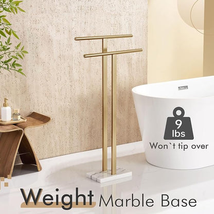 KOKOSIRI Standing Towel Rack for Bathroom Floor 2-Tier Towel Holder Free Stand with Heavy Marble Base Thicken Steady Champagne Bronze Stainless Steel THS0005-CPG