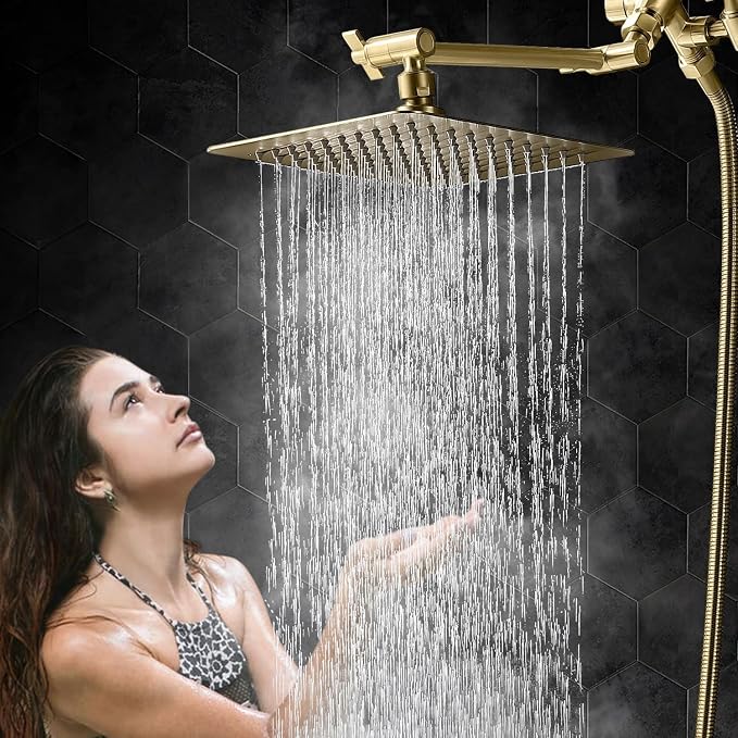G-Promise All Metal 8-Inch Dual Square Shower Head Combo, Rain Shower Head, Handheld Shower Wand with 71-Inch Extra Long Hose, 3-Way Diverter, Adjustable Extension Arm, Brushed Gold | Built to Last, Easy Install, Adjustable Height & Angle for All Heigh...