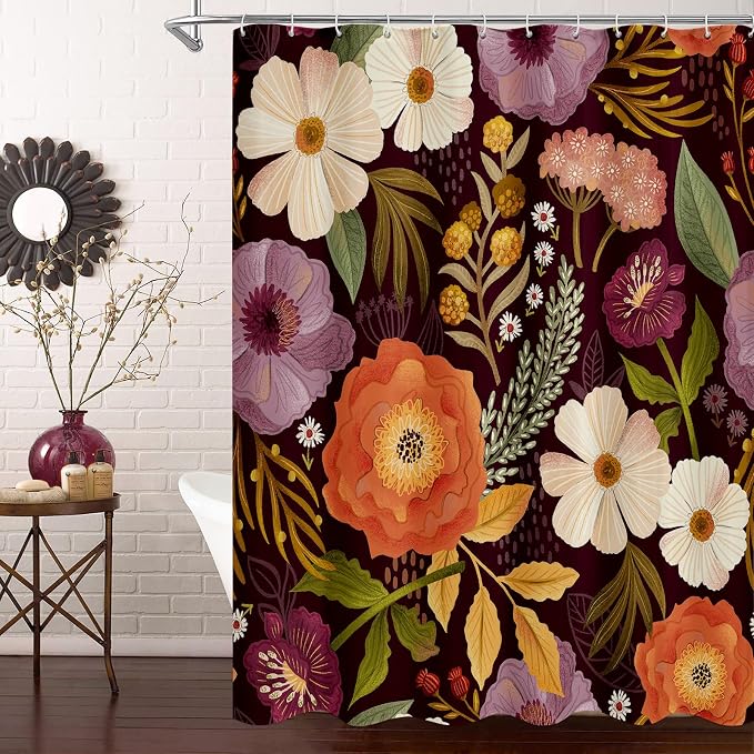 Boho Floral Shower Curtain, Purple Botanical Fabric Curtain, 72 x 72 | Boho Chic Floral, Vintage Botanical, Modern Farmhouse, Eclectic Rustic, Colorful Flowers, Fabric Shower Curtain