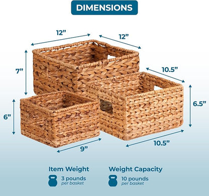 Honey-Can-Do Banana Leaf Storage Baskets, Water Hyacinth Woven Basket, Decorative Baskets-Shelves, Basket-Gifts, Closet, Pantry & Home Organization, Set of 3, Multi-Size, 9" Lx9" Wx6" H (Pack of 3)