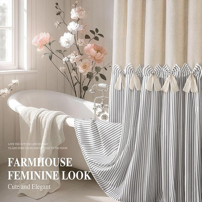 Farmhouse Shower Curtain Linen Bow Pleated Green Stripe 72"W x 72"L | Farmhouse Style, Chic Bow, Striped, Linen Fabric, Rustic, Country, Natural Look, Washable, for Bathroom Bathtub