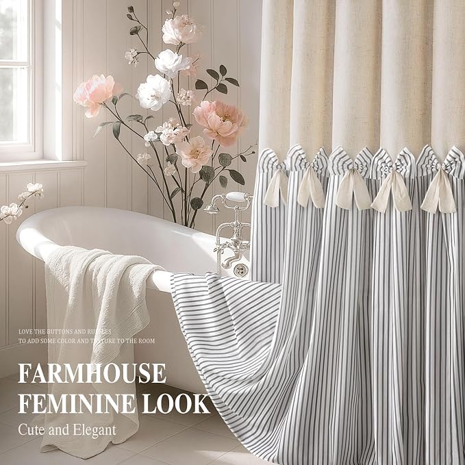 Farmhouse Shower Curtain Linen Bow Pleated Grey Stripe 72"W x 78"L | Farmhouse Style, Chic Bow, Striped, Linen Fabric, Rustic, Country, Natural Look, Washable, for Bathroom Bathtub