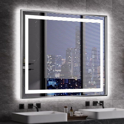 LED Bathroom Mirror 48"X40", Front Light and Backlit(Brushed Silver) | Metal Framed Mirror, Stepless Dimmable, Anti-Fog, HD Reflection, Shatter-Proof, Memory, 3 Colors, Double LED Vanity Mirror.