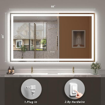 66x40 LED Lighted Bathroom Mirror for Vanity Wall | Front Light and Backlit, Anti-Fog, Memory, 3 Color, Tempered Glass, Dimmable, Rectangular, UL, Horizontal/ Vertical Mounted