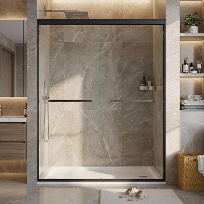 44-48" W x 72" H Semi-Frameless Shower Door, Double Sliding Glass Door with 5/16" (8mm) Clear Tempered Glass for Bathroom, Matte Black