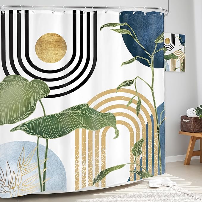 Glawry Navy Blue Boho Shower Curtain Mid Century Abstract Light Blue Tropical Palm Botany Sun Arch Plant Minimalist Bathroom Modern 72Wx72L Inches Bath Accessories Art Home Decor Fabric 12 Pack Hook