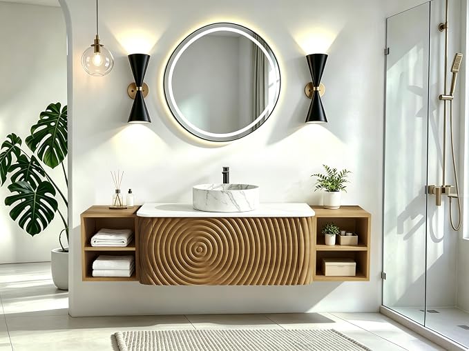 60" Floating Bathroom Vanity with Sink, Mid-Century Wall Mounted Bathroom Vanity Cabinet with Wood Waved Decor,Marble Ceramic Basin and Sintered Stone Top, Soft Close Drawer, 2 Side Open Cube