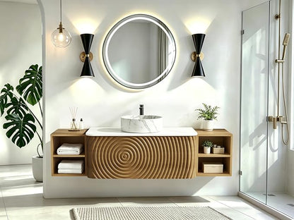 60" Floating Bathroom Vanity with Sink, Mid-Century Wall Mounted Bathroom Vanity Cabinet with Wood Waved Decor,Marble Ceramic Basin and Sintered Stone Top, Soft Close Drawer, 2 Side Open Cube