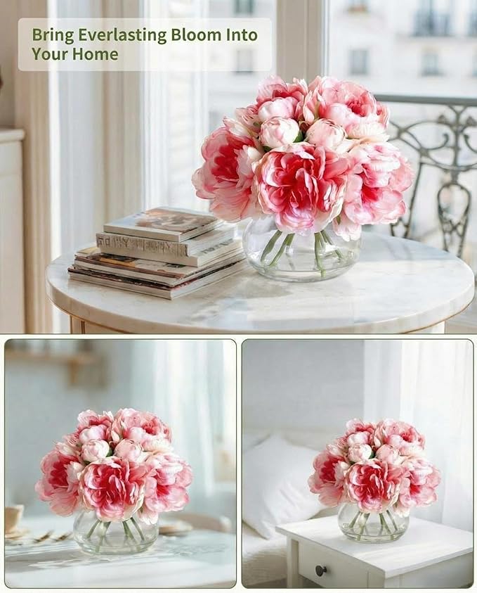 Garvee Artificial Peonies Flowers with Vase, Mixed Pink Silk Peony Bouquet with Faux Water in Glass Vase, Lifelike Fake Peonies Floral Arrangement for Table Centerpiece, Wedding, Home Decor