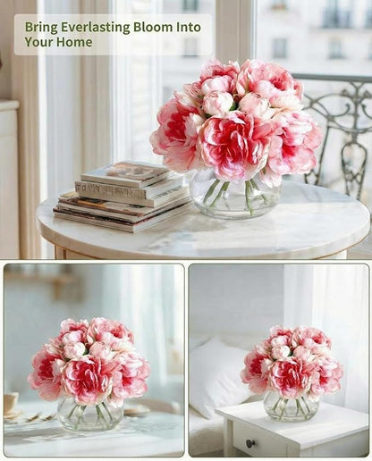 Garvee Artificial Peonies Flowers with Vase, Mixed Pink Silk Peony Bouquet with Faux Water in Glass Vase, Lifelike Fake Peonies Floral Arrangement for Table Centerpiece, Wedding, Home Decor