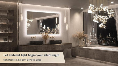Keonjinn 60" x 36" Oversized Backlit Bathroom Mirror, Safe Tempered Glass | Beveled Edge, Dimmable 3 Color Lights, Quick Defogging, Smart Memory Function, French Cleat, LED Bathroom Mirror with Lights