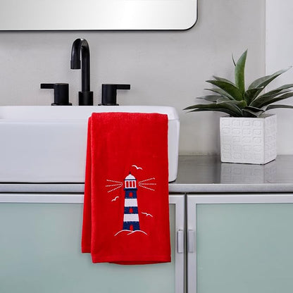 SKL Home Nautical Lighthouse Hand Towel Set-2pc, 100% Cotton, Red | Decorative embroidery for everyday & coastal/beach décor. Can be used in the bathroom, kitchen, bar or any sink space.