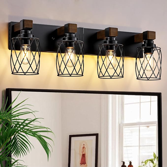 Farmhouse 4-Light Wood Bathroom Vanity Light, Black Metal Cage Shade | Mounted Over Mirror, Industrial Rustic Style, Ideal for Bathroom, Bedroom, Hallway & Living Room, Easy To Install