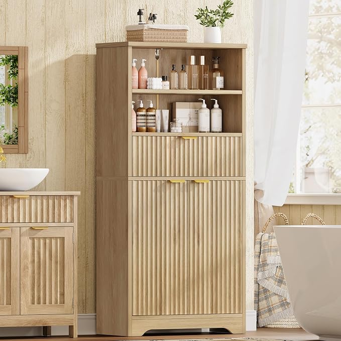 TEENFON Tall Storage Cabinet with Adjustable Shelf & Drawer, Fluted Cabinet with Doors, Kitchen Pantry Cabinets, Bathroom Storage Cabinets, for Living Room, Entryway, Home Office, Natural