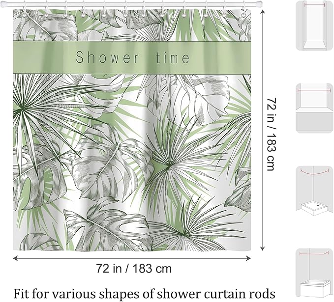 Tropical Leaves Shower Curtain, Green Palm Leaf Botanical Summer Shower Curtain for Bathroom, Waterproof Polyester with 12 Hooks, 72 x 72 Inches