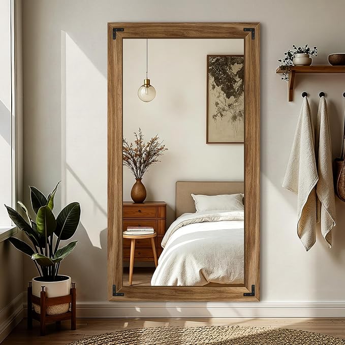 FICTOR Full Length Mirror, 30" x 55" Wooden Floor Mirror for Wall | Solid Wood Frame, Rustic Farmhouse Style, Shatterproof Glass, for Bedroom, Living Room, Entryway Decor, Leaning/Hanging