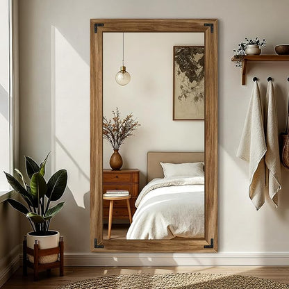 FICTOR Full Length Mirror, 30" x 55" Wooden Floor Mirror for Wall | Solid Wood Frame, Rustic Farmhouse Style, Shatterproof Glass, for Bedroom, Living Room, Entryway Decor, Leaning/Hanging