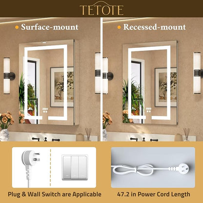 36 x 32 LED Lighted Bathroom Medicine Cabinet with Lights, 2 Door Recessed or Surface Mount Led Mirrored Medicine Cabinet, Tempered Glass, Outlets & USB, Adjustable Shelf, 3-Color Lights