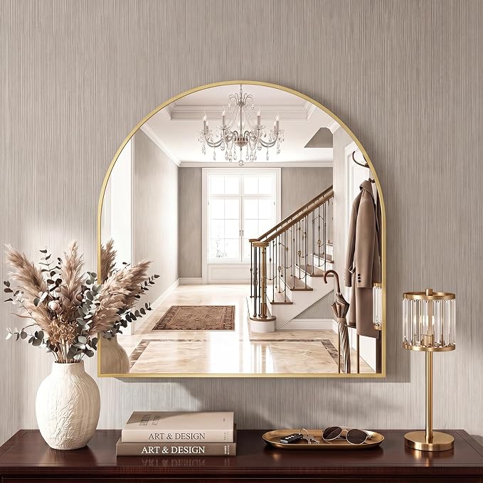 Sweetcrispy Arched Bathroom Mirror, Bathroom Mirrors for Over Sink, 31"x32" | Modern Wall Mirrors Arch Decorative for Entryway, Bedroom, Vanity,Horizontal or Vertical Hanging, Gold
